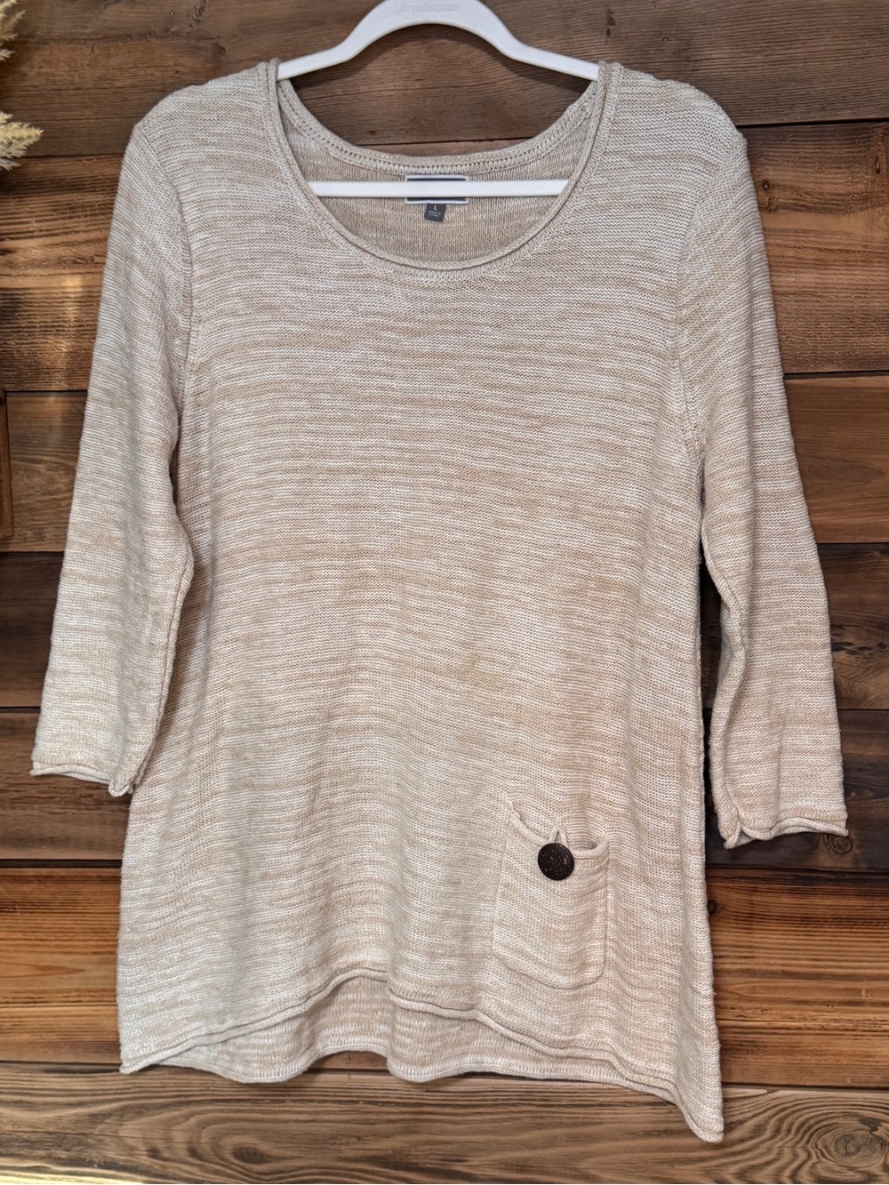 JM Collection Women’s Scoop Neck Beige Knit Sweater with Pocket | Size Large